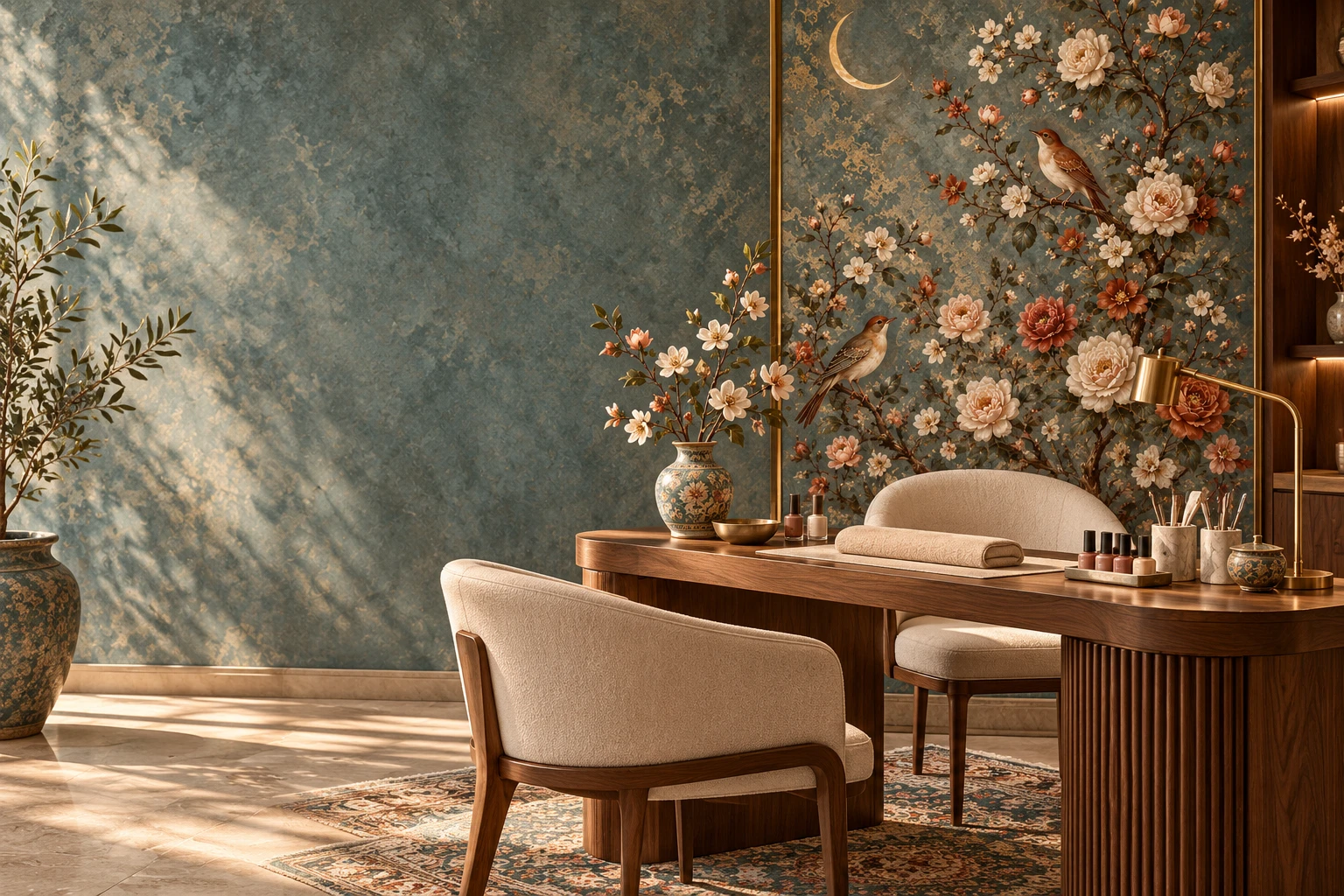 Imagined Persian-inspired manicure space with walnut furnishings, cream chairs and floral art
