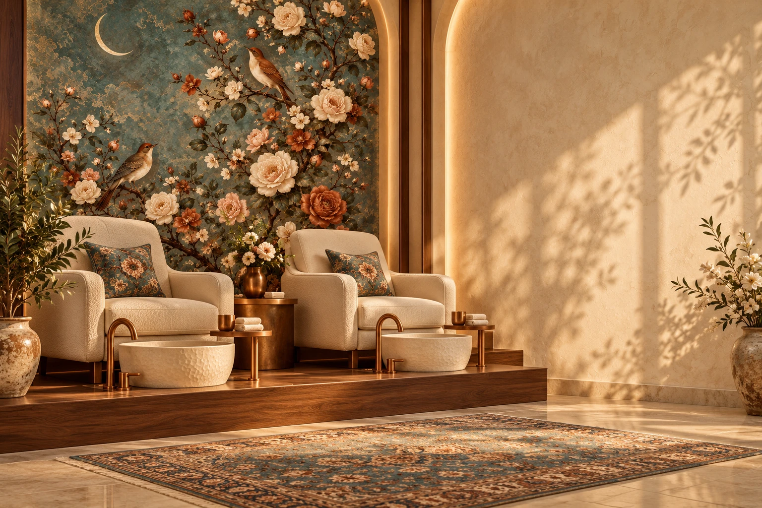 Imagined Persian-inspired pedicure lounge with floral walls, ivory chairs and ceramic basins